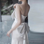 Unique Mermaid Spaghetti Straps Lace Pleats White Ruffles Wedding Dresses