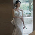 Unique Mermaid Spaghetti Straps Lace Pleats White Ruffles Wedding Dresses