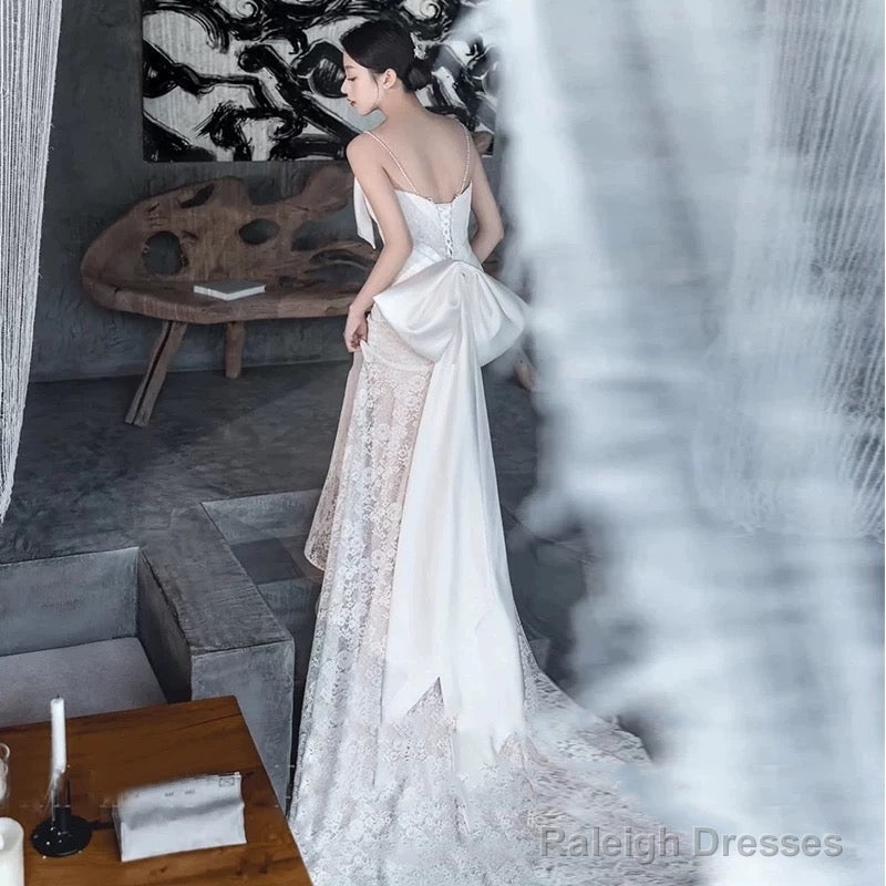 Unique Mermaid Spaghetti Straps Lace Pleats White Ruffles Wedding Dress Main image