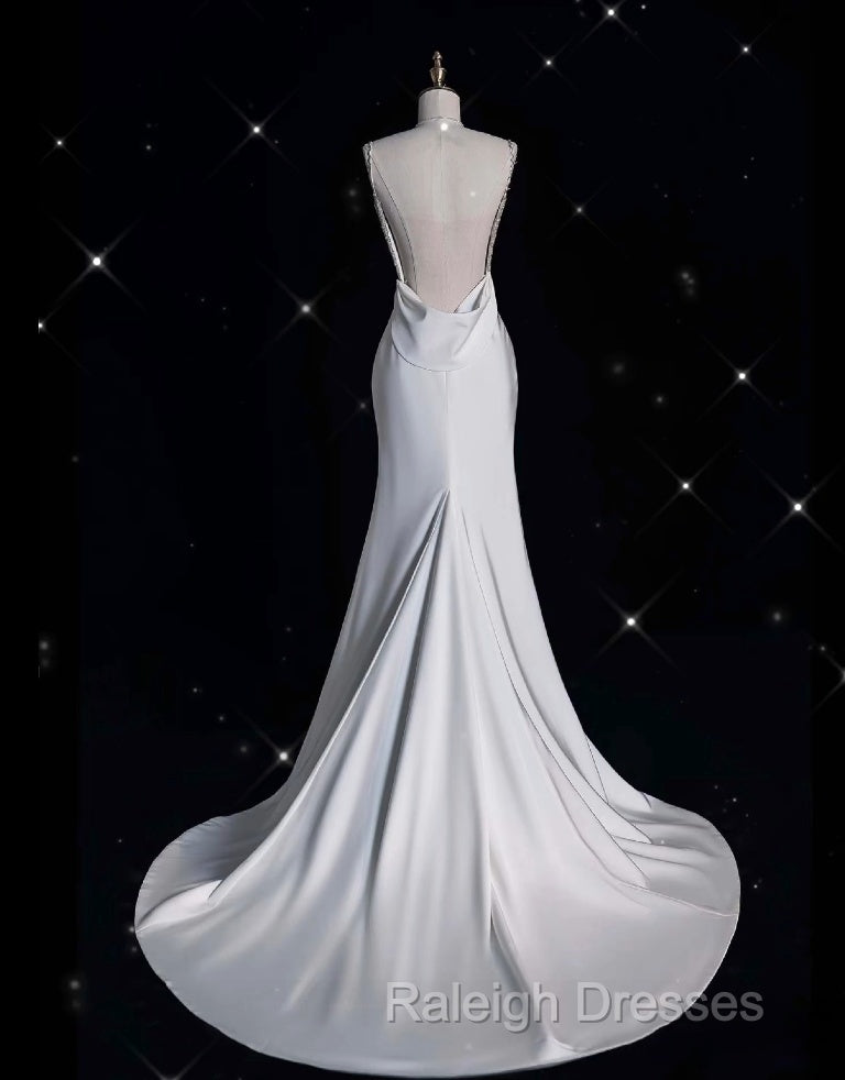 Unique Mermaid Spaghetti Straps Satin White Wedding Dress Brides Dresses