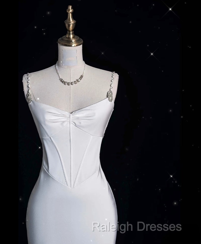 Unique Mermaid Spaghetti Straps Satin White Wedding Dresses Brides Dress