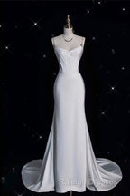 Unique Mermaid Spaghetti Straps Satin White Wedding Dress Brides Dresses