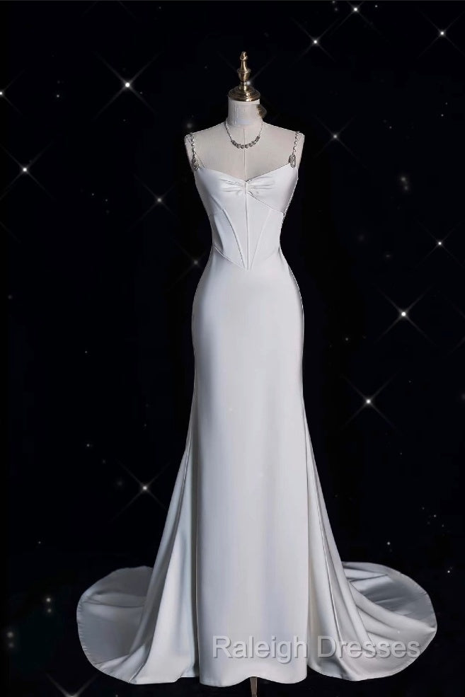 Unique Mermaid Spaghetti Straps Satin White Wedding Dresses Brides Dress