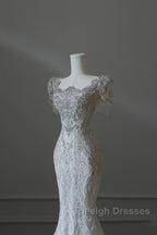 Unique Mermaid Square Neckline Short Sleeves Wedding Dresses White Brides Dress