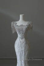 Unique Mermaid Square Neckline Short Sleeves Wedding Dresses White Brides Dress