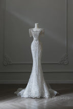 Unique Mermaid Square Neckline Short Sleeves Wedding Dresses White Brides Dress