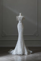 Unique Mermaid Square Neckline Short Sleeves Wedding Dress White Brides Dresses