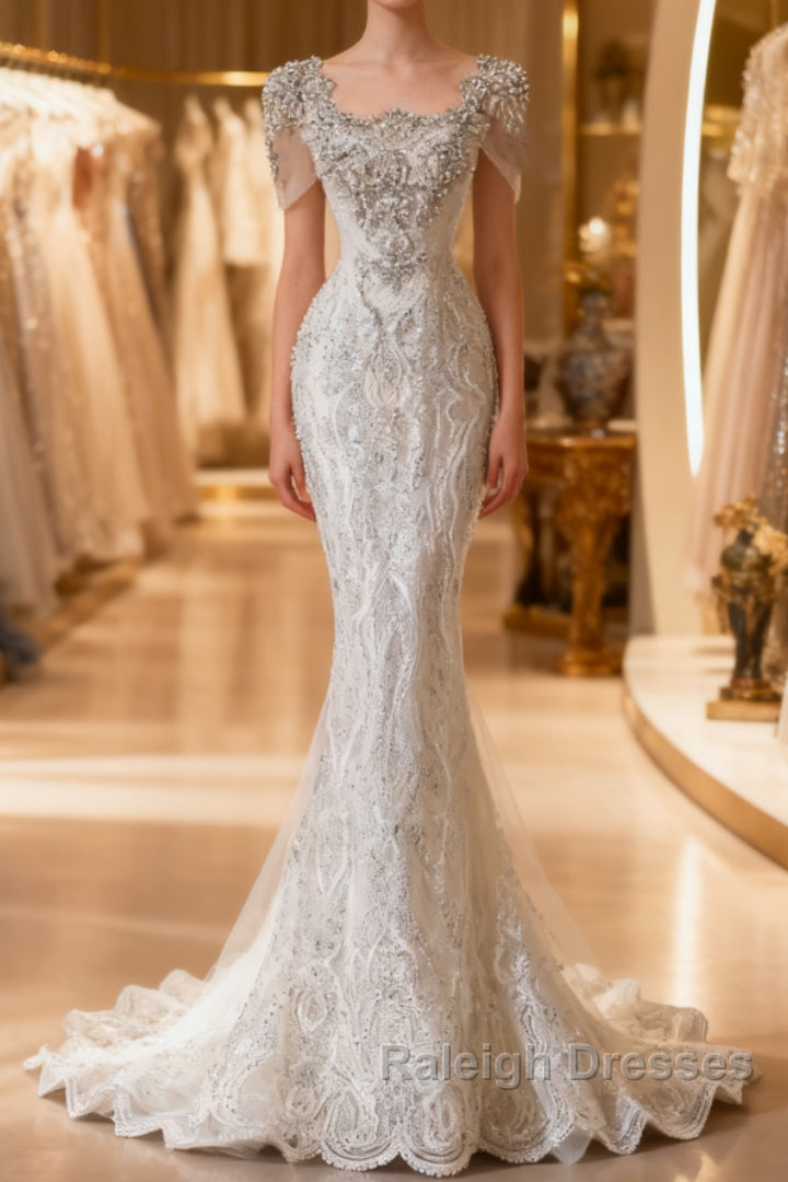 Unique Mermaid Square Neckline Short Sleeves Wedding Dresses White Brides Dress Main image