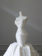 Unique Mermaid Strapless Ivory Satin Wedding Dresses Brides Dress