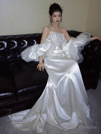 Unique Mermaid Strapless Lace Pleats White Satin Ruffles Wedding Dress