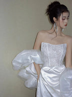Unique Mermaid Strapless Lace Pleats White Satin Ruffles Wedding Dress