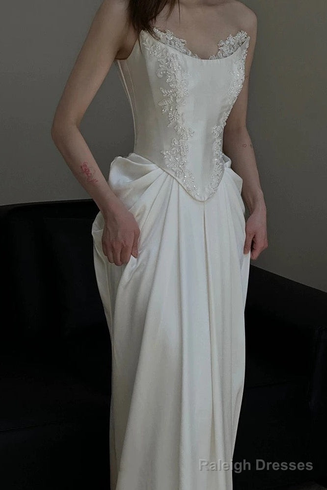 Unique Mermaid Strapless Pleats Long White Satin Lace Wedding Dress Brides Dresses Secondary image