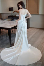 Unique Mermaid Strapless Pleats Long White Satin Lace Wedding Dress Brides Dresses