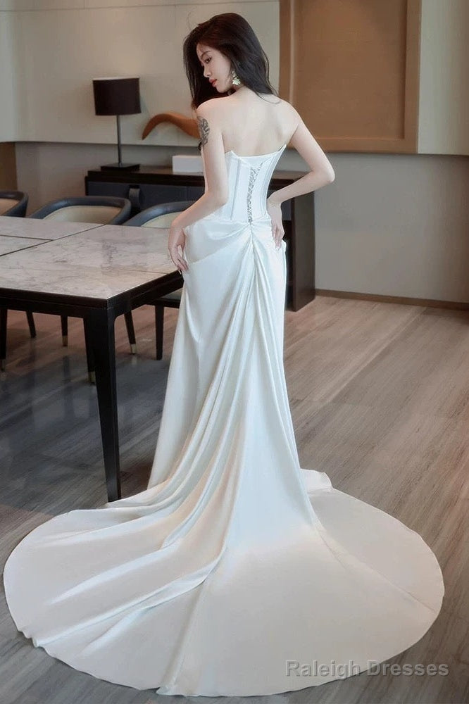 Unique Mermaid Strapless Pleats Long White Satin Lace Wedding Dress Brides Dresses