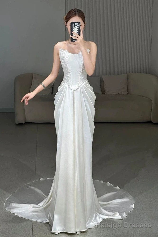 Unique Mermaid Strapless Pleats Long White Satin Lace Wedding Dresses Brides Dress