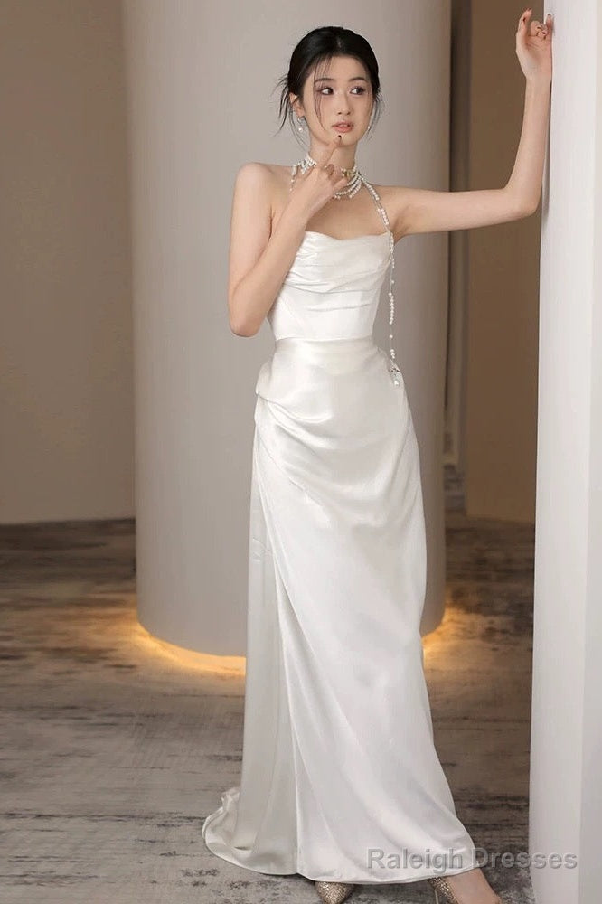 Unique Mermaid Strapless Pleats Long White Satin Wedding Dresses