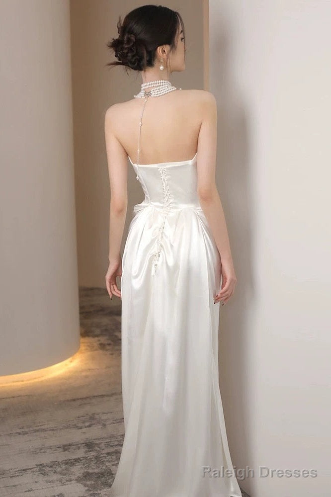 Unique Mermaid Strapless Pleats Long White Satin Wedding Dresses