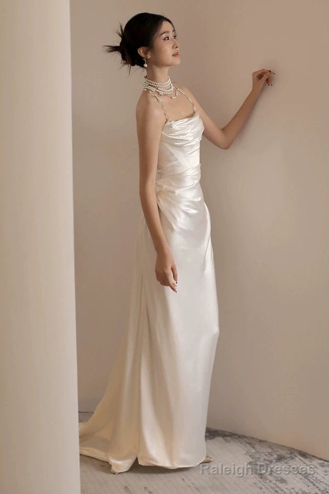 Unique Mermaid Strapless Pleats Long White Satin Wedding Dresses