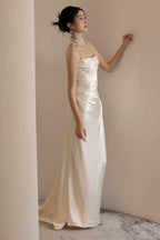 Unique Mermaid Strapless Pleats Long White Satin Wedding Dress