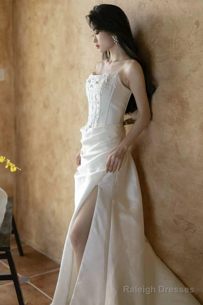 Unique Mermaid Strapless Pleats Long White Satin Wedding Dresses Brides Dress Secondary image