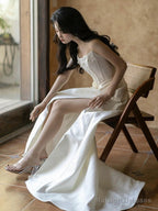 Unique Mermaid Strapless Pleats Long White Satin Wedding Dress Brides Dresses
