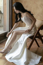Unique Mermaid Strapless Pleats Long White Satin Wedding Dress Brides Dresses
