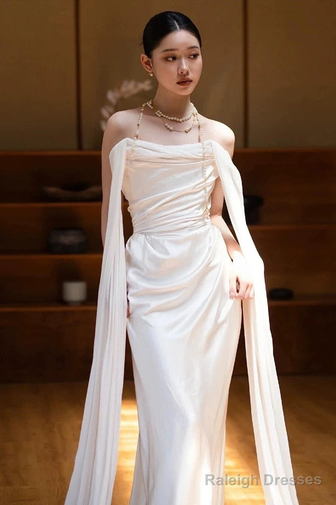 Unique Mermaid Strapless Satin Pleats White Ruffles Wedding Dresses Secondary image