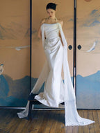 Unique Mermaid Strapless Satin Pleats White Ruffles Wedding Dresses