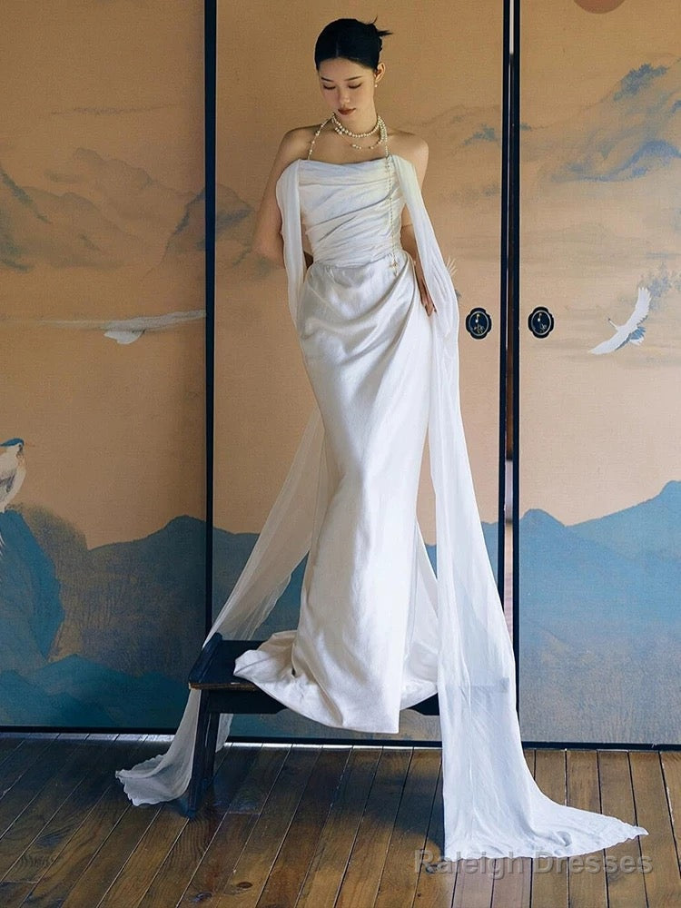 Unique Mermaid Strapless Satin Pleats White Ruffles Wedding Dresses