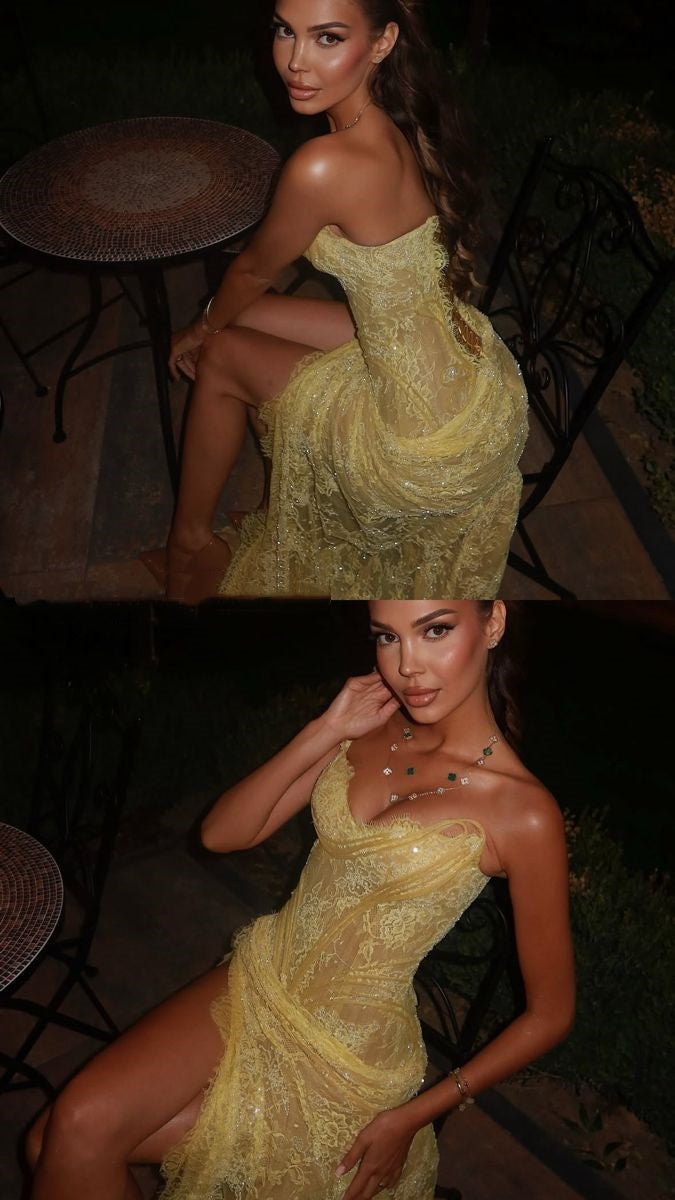Unique Mermaid Sweetheart Yellow Lace Slit Prom Dress Long Prom Dresses 21St Birthday Outfits Graduation Dresses
