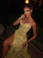 Unique Mermaid Sweetheart Yellow Lace Slit Prom Dress Long Prom Dresses 21St Birthday Outfits Graduation Dresses