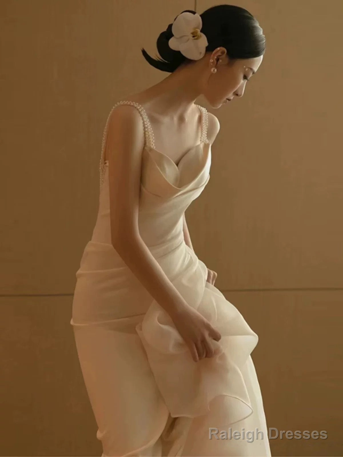 Unique Mermaid Straps Backless Pearls Pleats White Satin Ruffles Wedding Dress