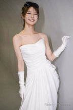 Unique Mermaid Sweetheart Pleats White Satin Ruffles Wedding Dress