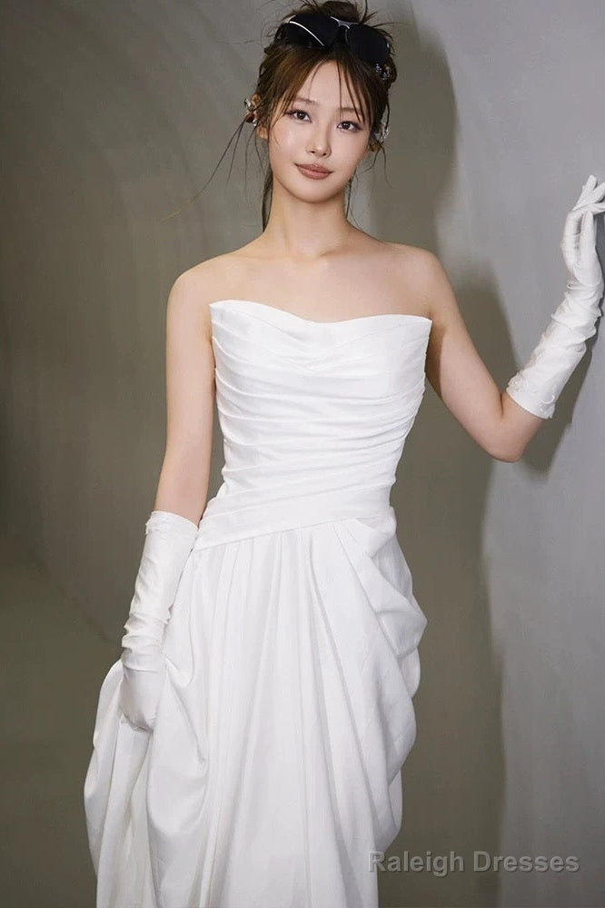 Unique Mermaid Sweetheart Pleats White Satin Ruffles Wedding Dresses