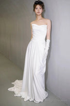 Unique Mermaid Sweetheart Pleats White Satin Ruffles Wedding Dress