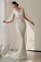 Unique Mermaid V Neckline Lace Pleats White Satin Ruffles Wedding Dresses