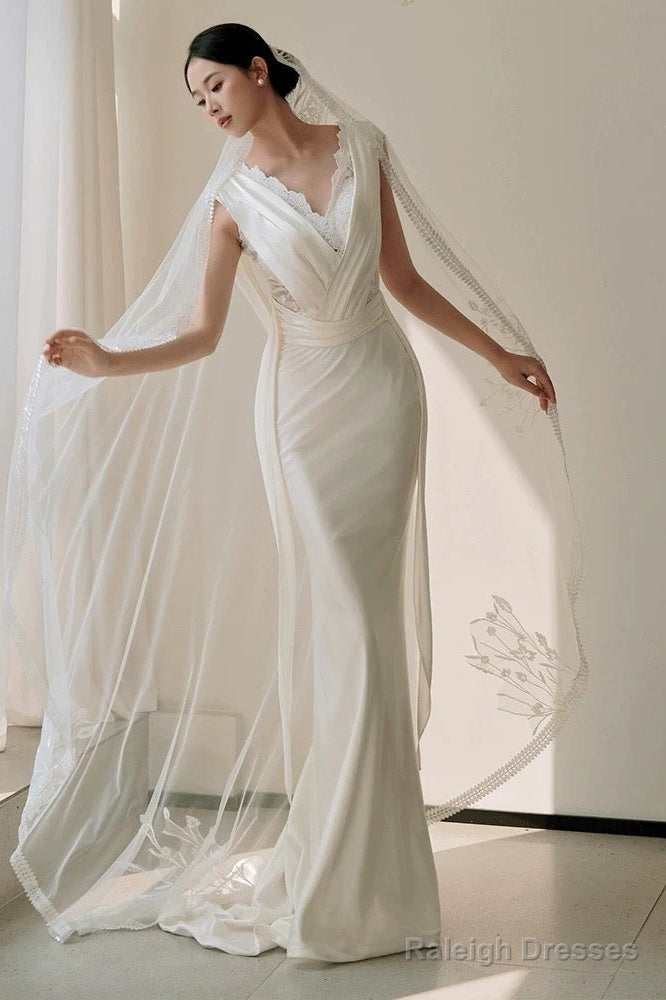 Unique Mermaid V Neckline Lace Pleats White Satin Ruffles Wedding Dresses