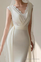 Unique Mermaid V Neckline Lace Pleats White Satin Ruffles Wedding Dress