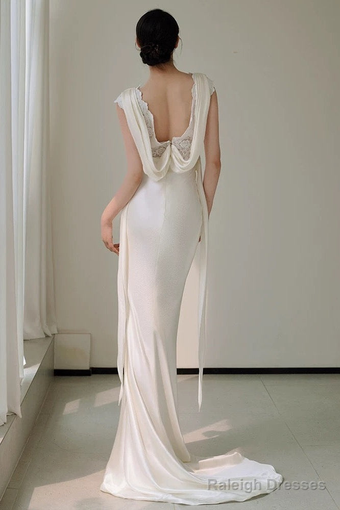 Unique Mermaid V Neckline Lace Pleats White Satin Ruffles Wedding Dress