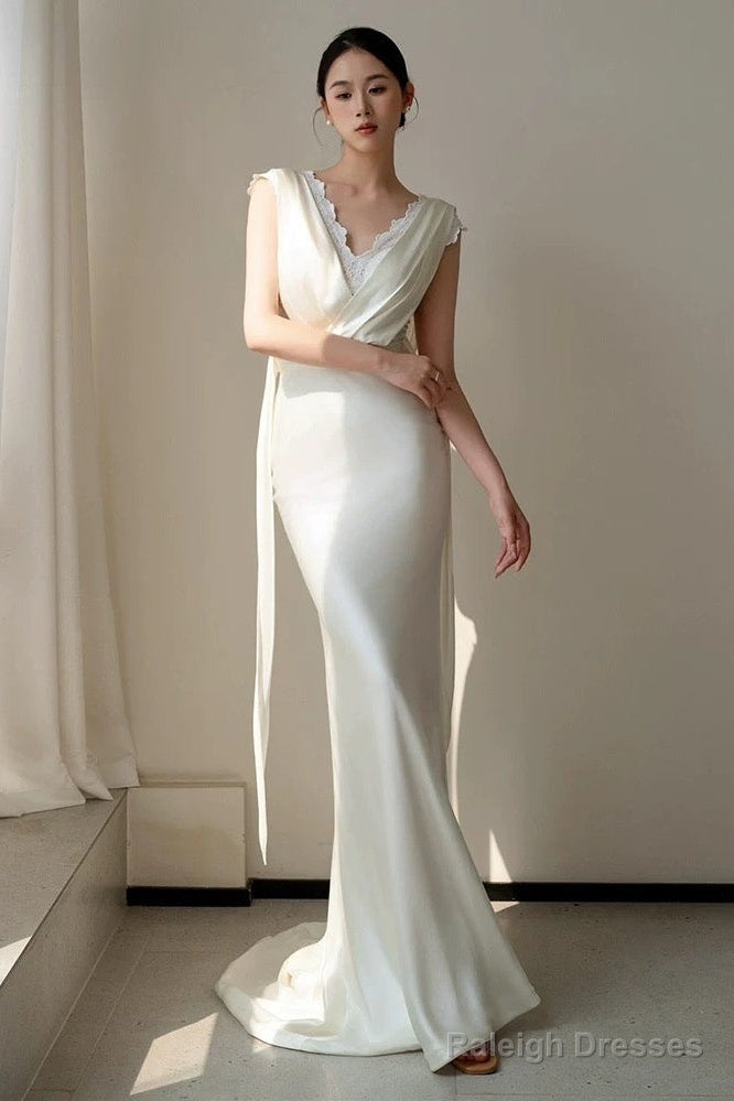 Unique Mermaid V Neckline Lace Pleats White Satin Ruffles Wedding Dresses Main image