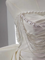 Unique Mermaid White Satin Strapless Pleats Long Satin Wedding Dress