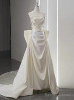 Unique Mermaid White Satin Strapless Pleats Long Satin Wedding Dresses