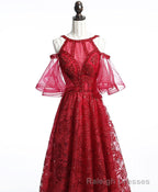 Unique Off Shoulder Tulle Lace Burgundy Long Prom Dress, Evening Dress