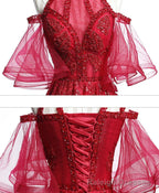 Unique Off Shoulder Tulle Lace Burgundy Long Prom Dress, Evening Dress