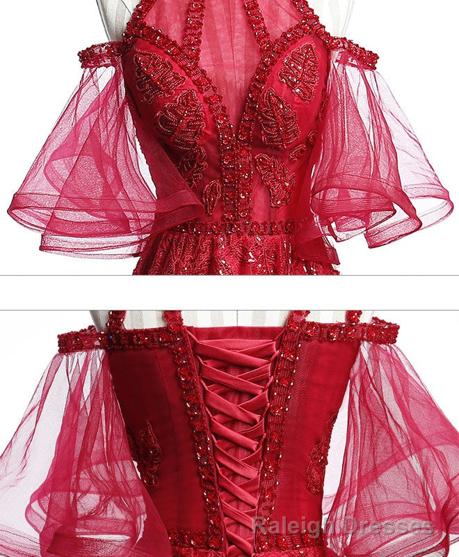 Unique Off Shoulder Tulle Lace Burgundy Long Prom Dress, Evening Dress