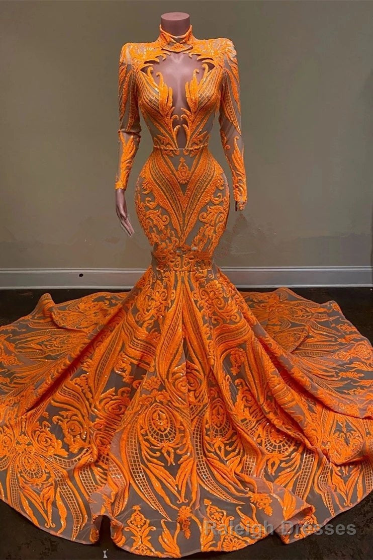 Unique Orange Long Sleeves Mermaid Prom Dress Sequins Secondary image