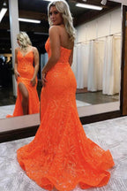 Orange Fashion Unique V-Neck Dress Long Lace Mermaid Slim Fit Slit Ball Gown Evening Dress