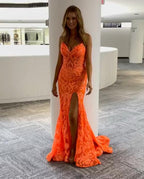 Orange Fashion Unique V-Neck Dresses Long Lace Mermaid Slim Fit Slit Ball Gowns Prom Dresses