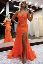 Orange Fashion Unique V-Neck Dress Long Lace Mermaid Slim Fit Slit Ball Gown Evening Dress