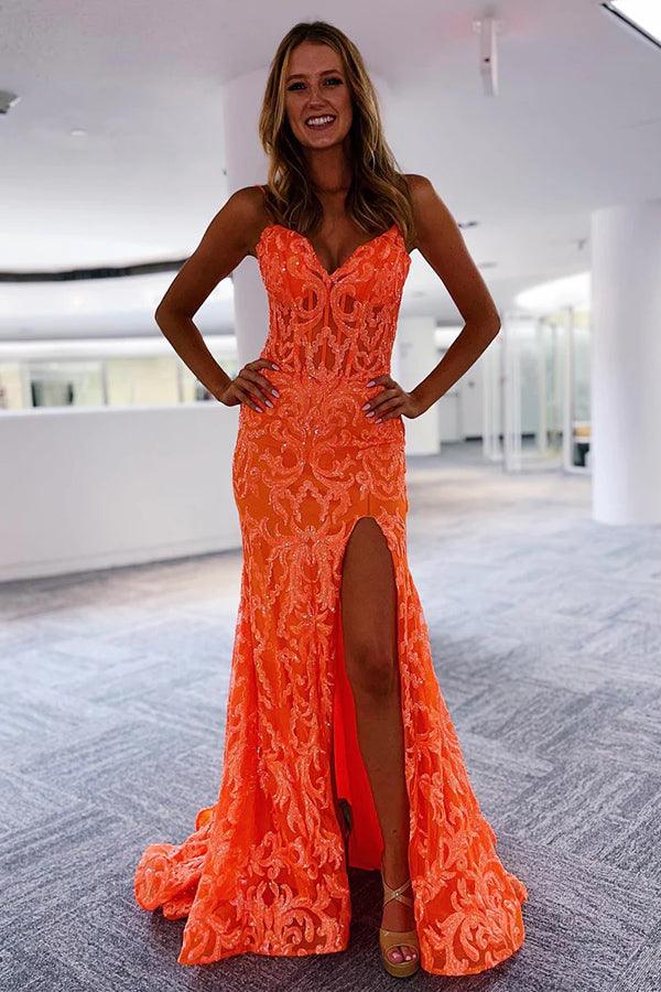 Orange Fashion Unique V-Neck Dress Long Lace Mermaid Slim Fit Slit Ball Gown Evening Dress
